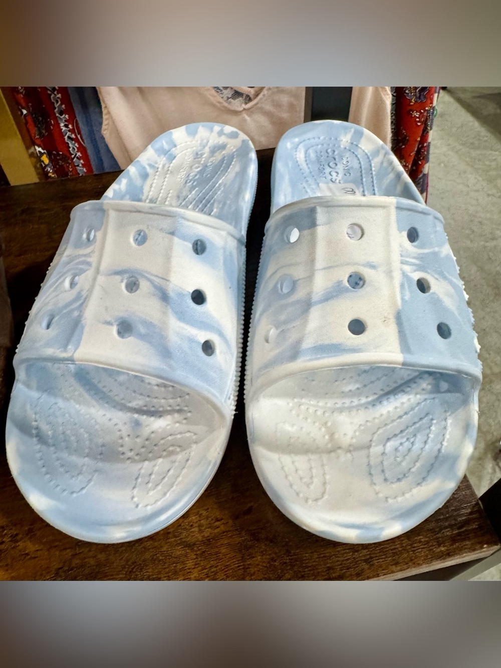 CROCS Tie-Dye Slide Sandals in Light Blue and White